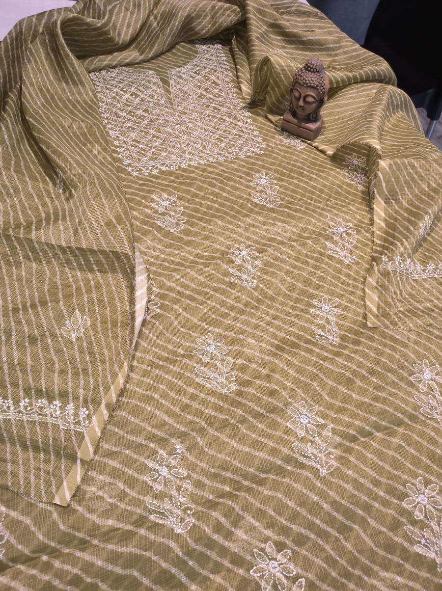 Lalitha- Moss Green Kota Silk Chinkari Suit fabric