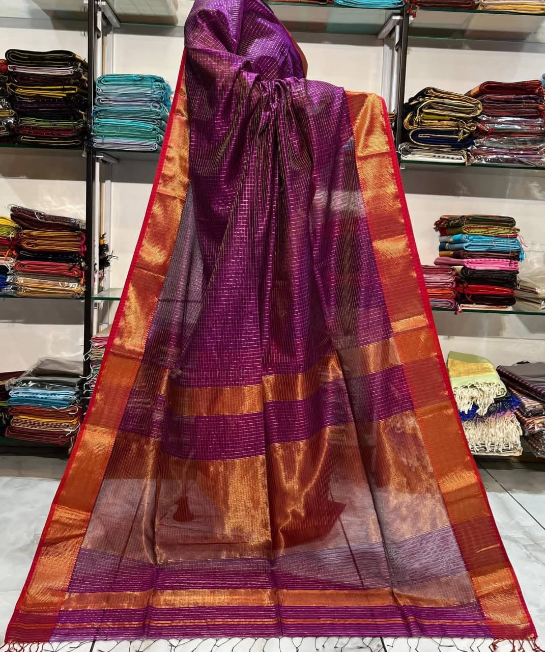 Purple Maheshwari silk Handloom Zari Check Saree