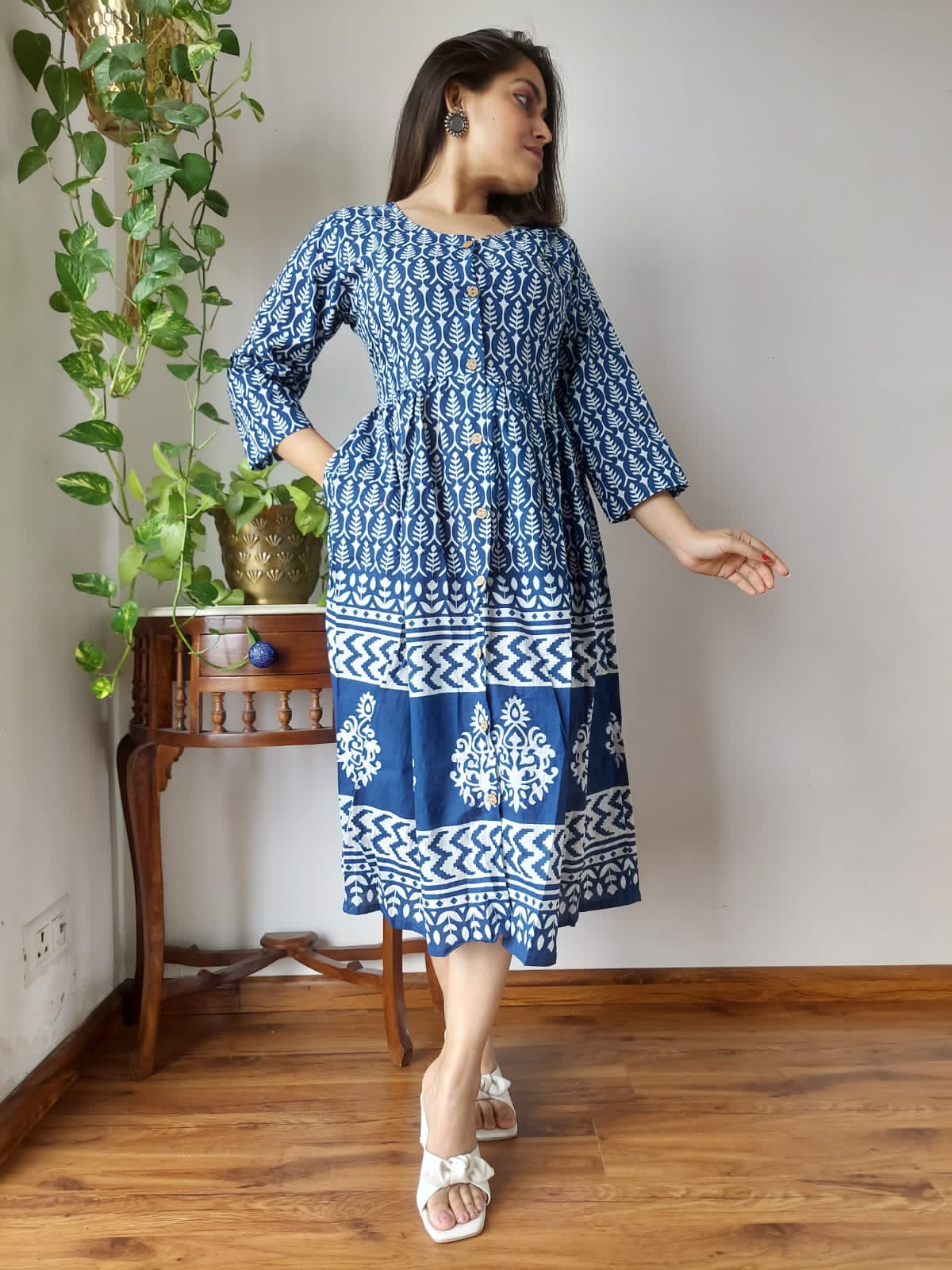 Blue Bagru Print Cotton Dress