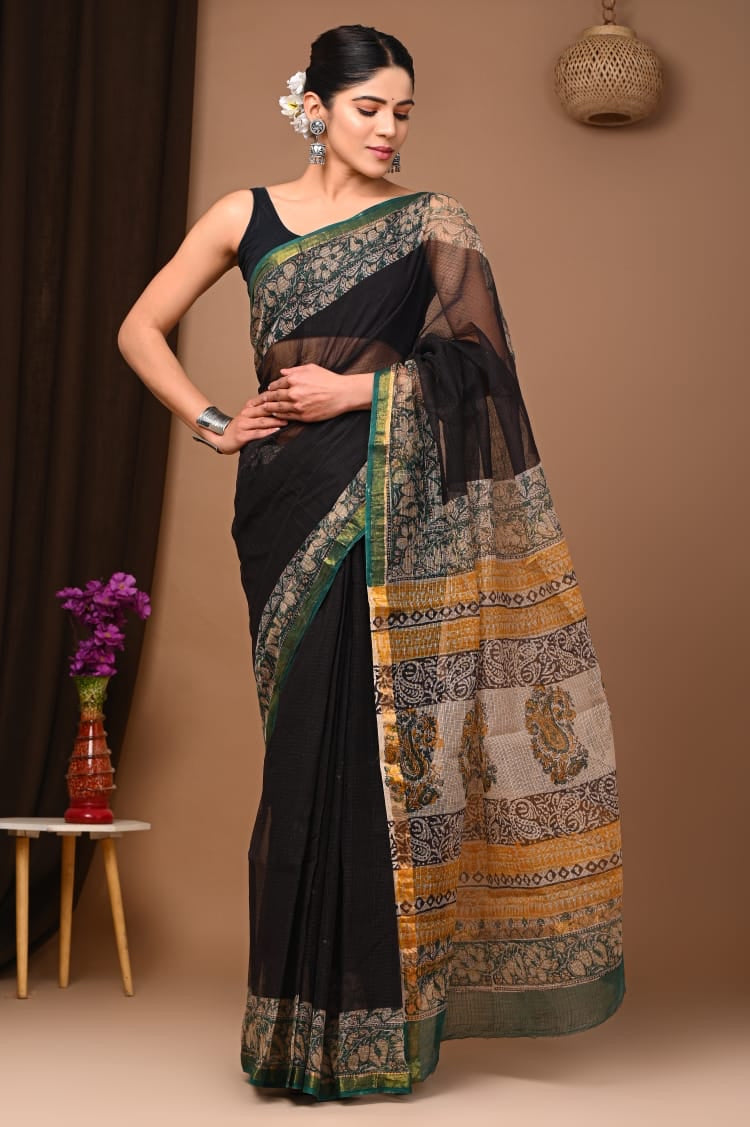 Black Block Print Kota Doria Saree