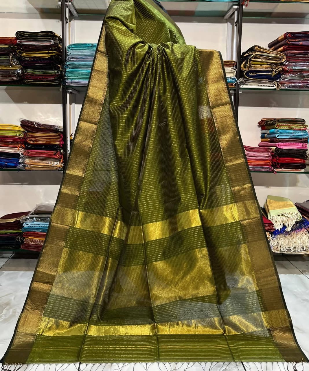 Olive Color Maheshwari silk Handloom Zari Check Saree