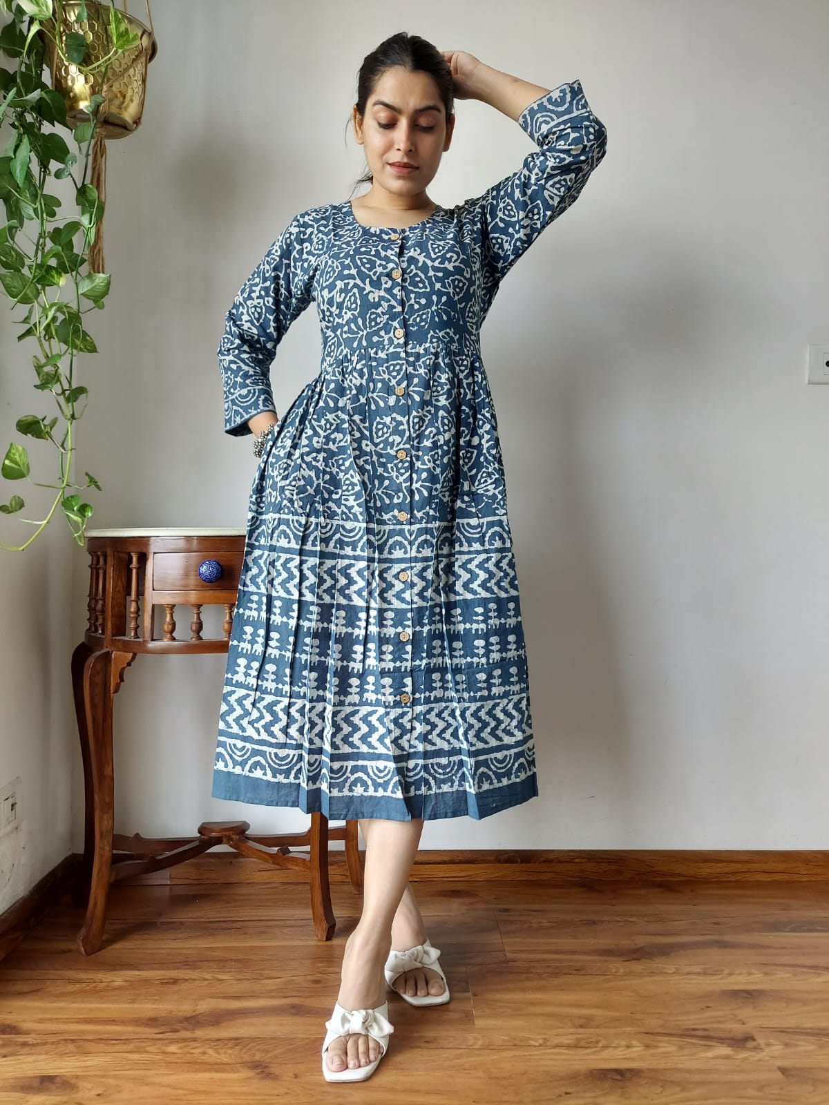 Blue Bagru Print Cotton Dress