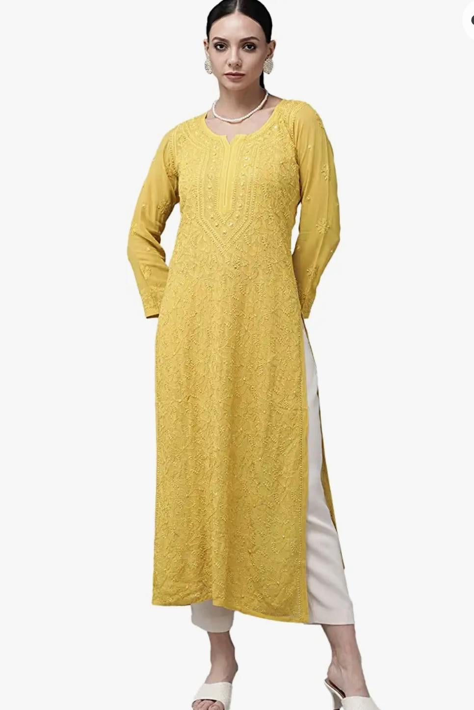 Chikankari Kurti in yellow
