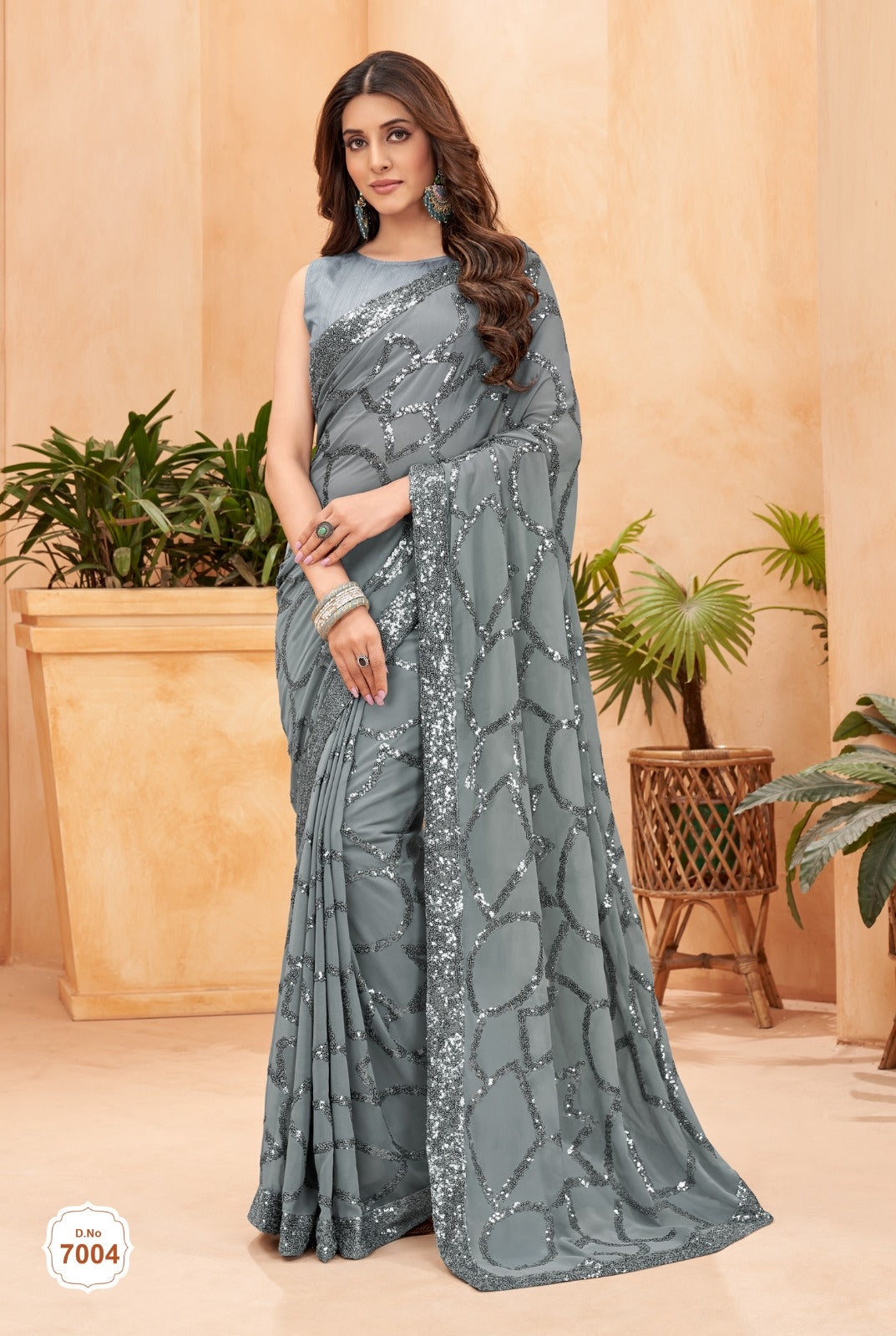Grey Sequins work georgette saree