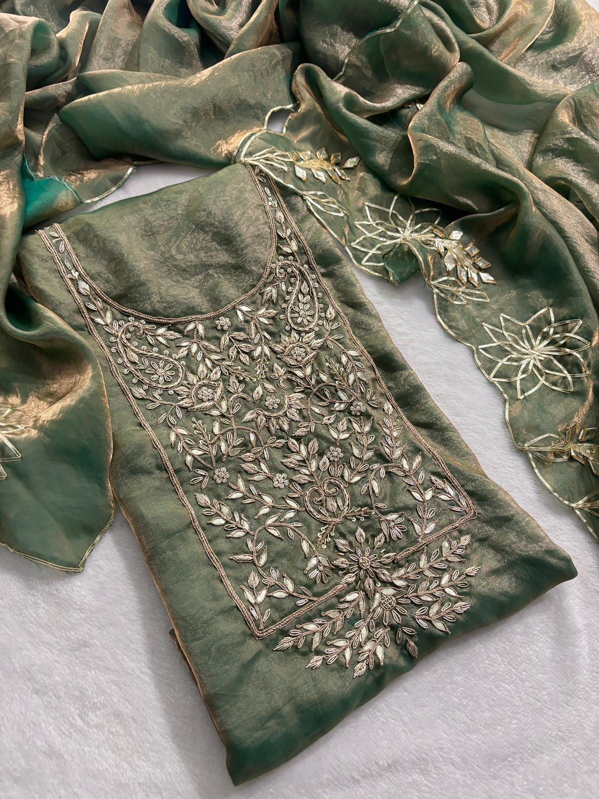 Sage Green Soft Silk Designer Gota Patti Suit