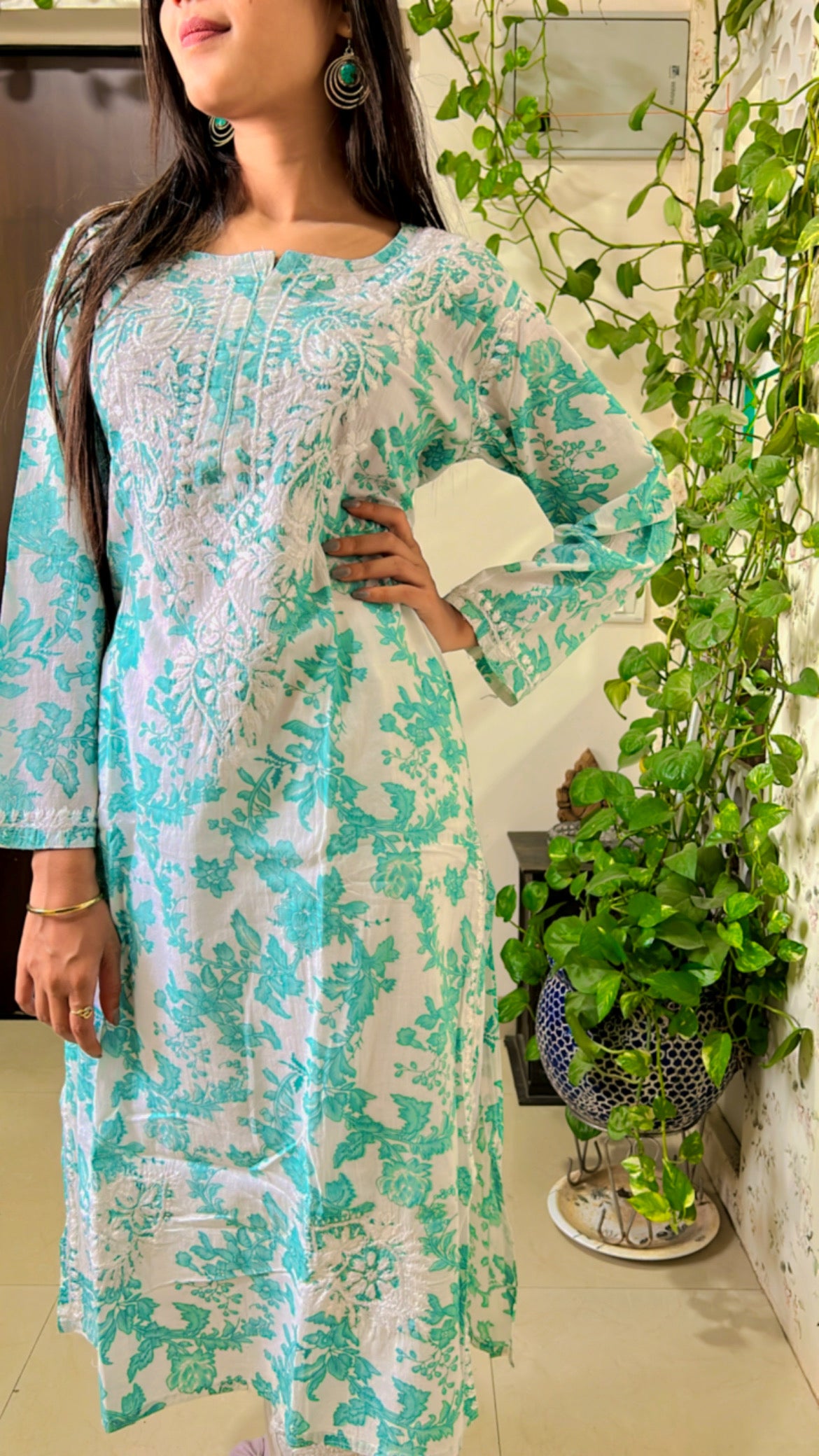 Mul mul cotton lucknowi chikankari kurti in sea blue floral