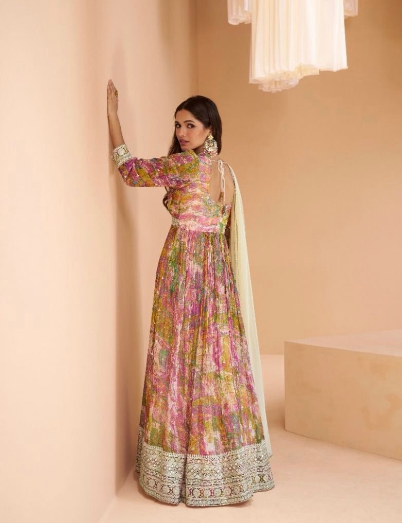 Yellow pink gown with dupatta