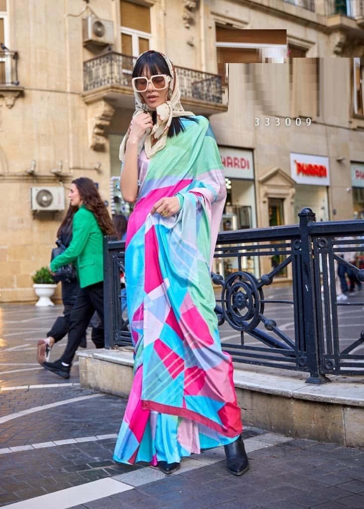 Silk Crepe Digital Print Pink Blue Saree