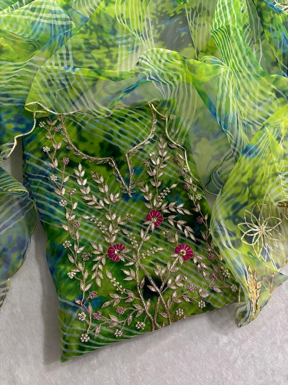 Yellow Green Leheriya Gota Patti Organza Suit