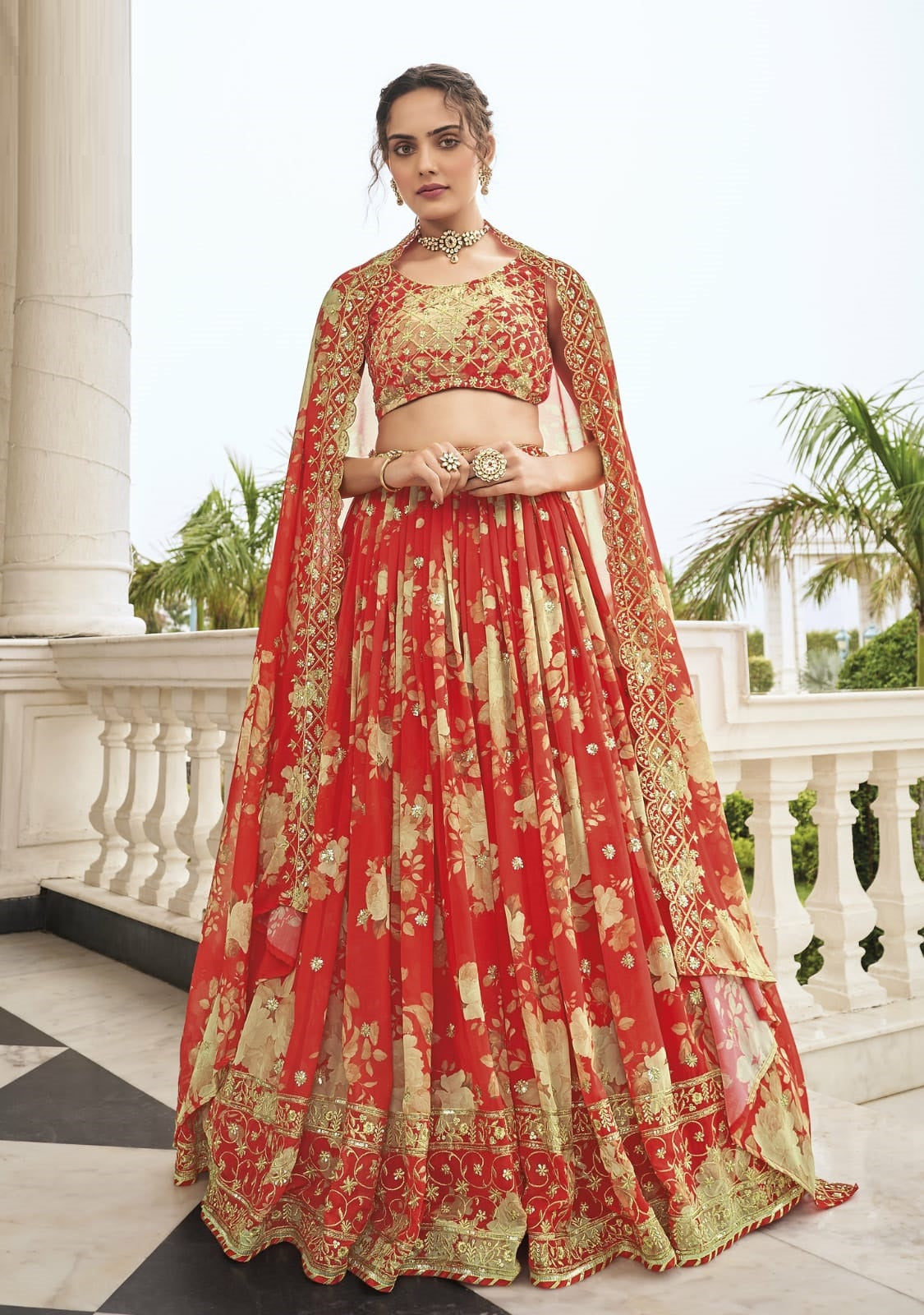 Orange Cocktail Party Floral Georgette Lehenga