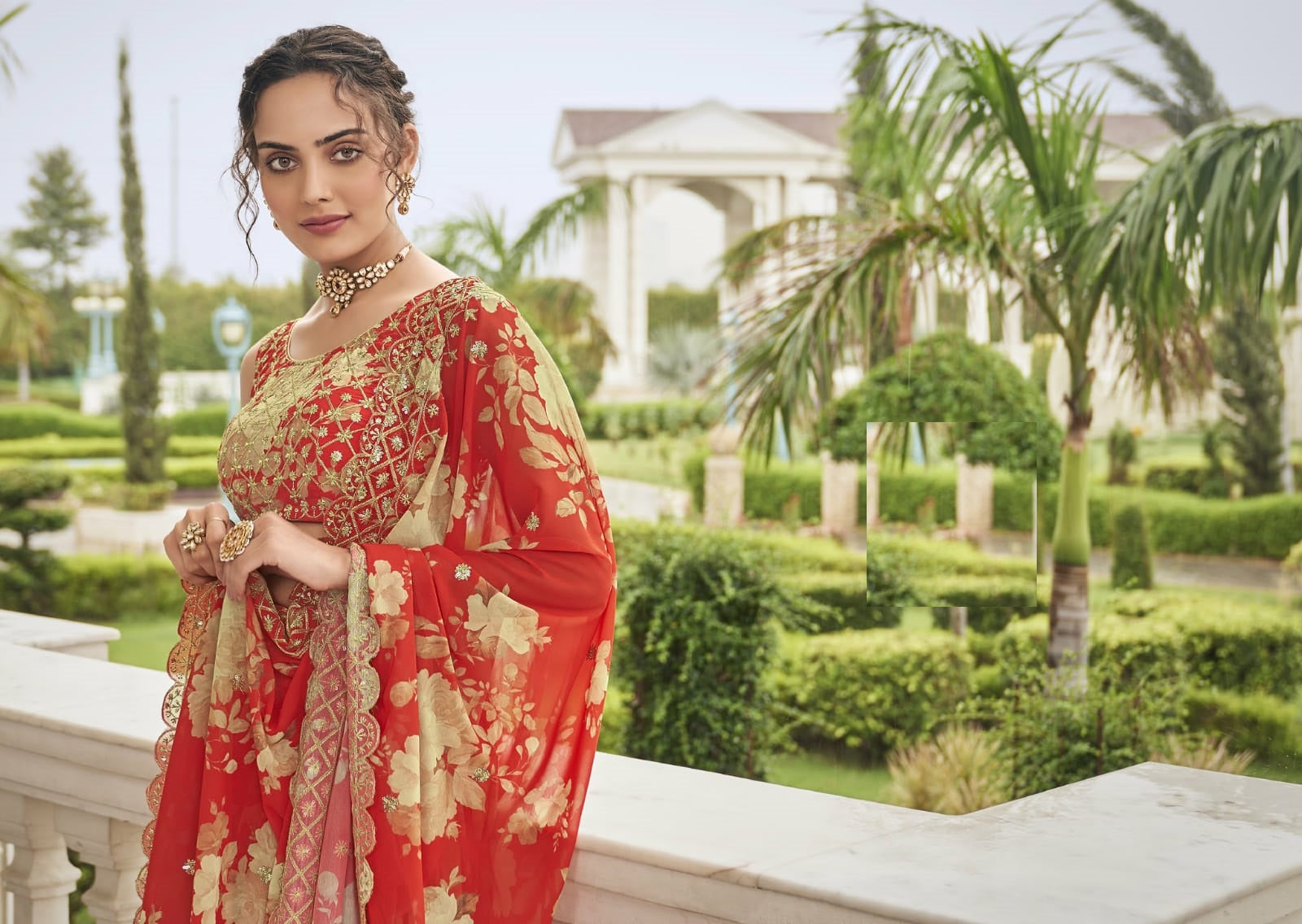 Orange Cocktail Party Floral Georgette Lehenga