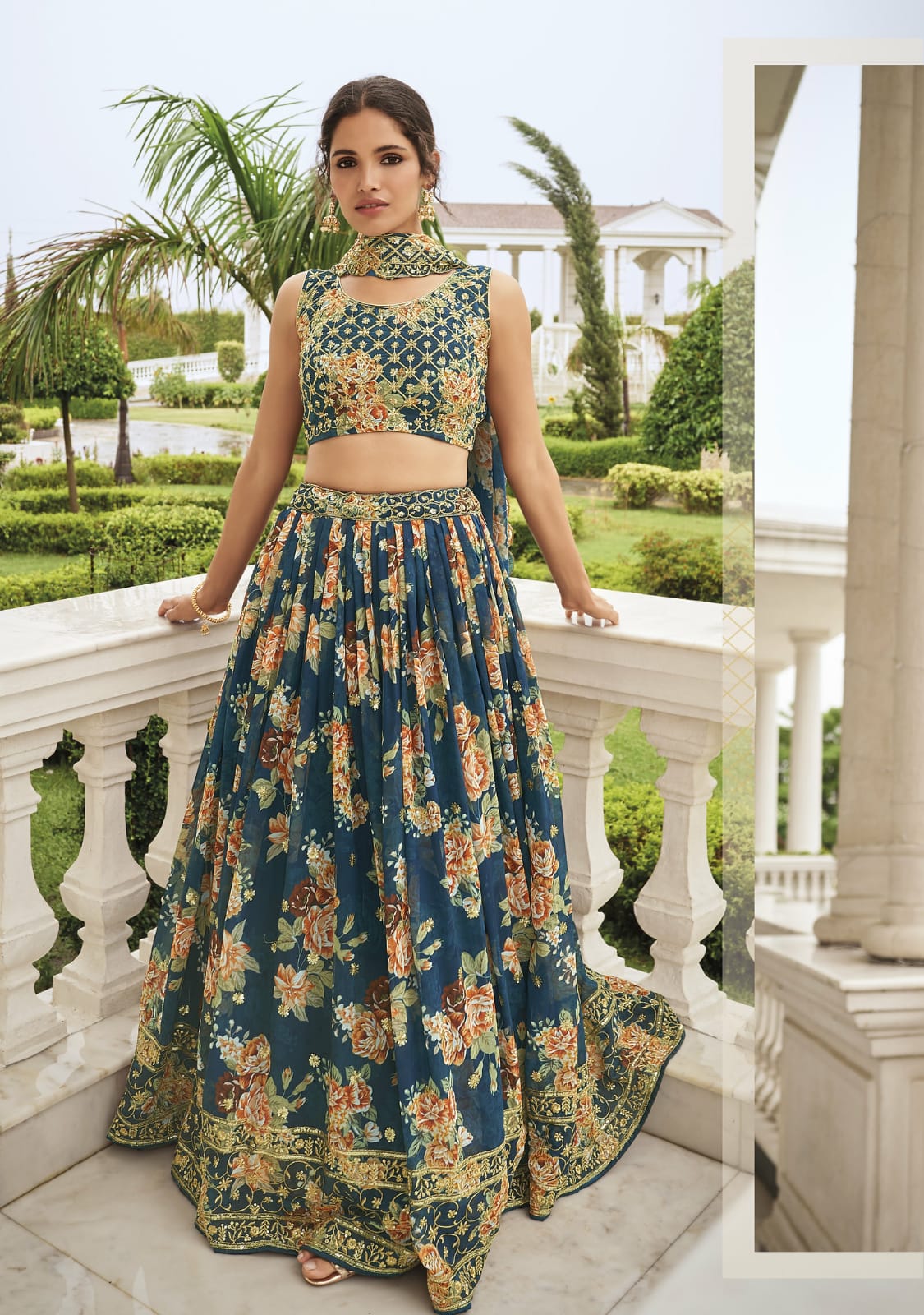 Rama Green Cocktail Party Floral Georgette Lehenga