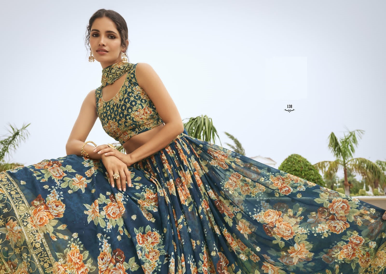 Rama Green Cocktail Party Floral Georgette Lehenga