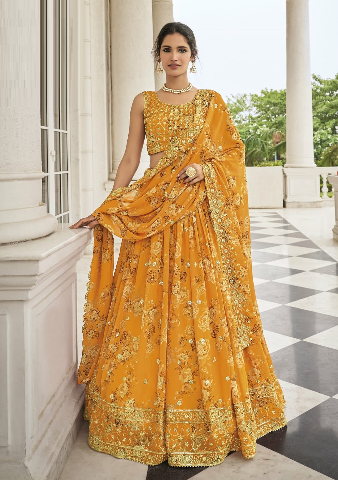 Yellow Cocktail Party Floral Georgette Lehenga