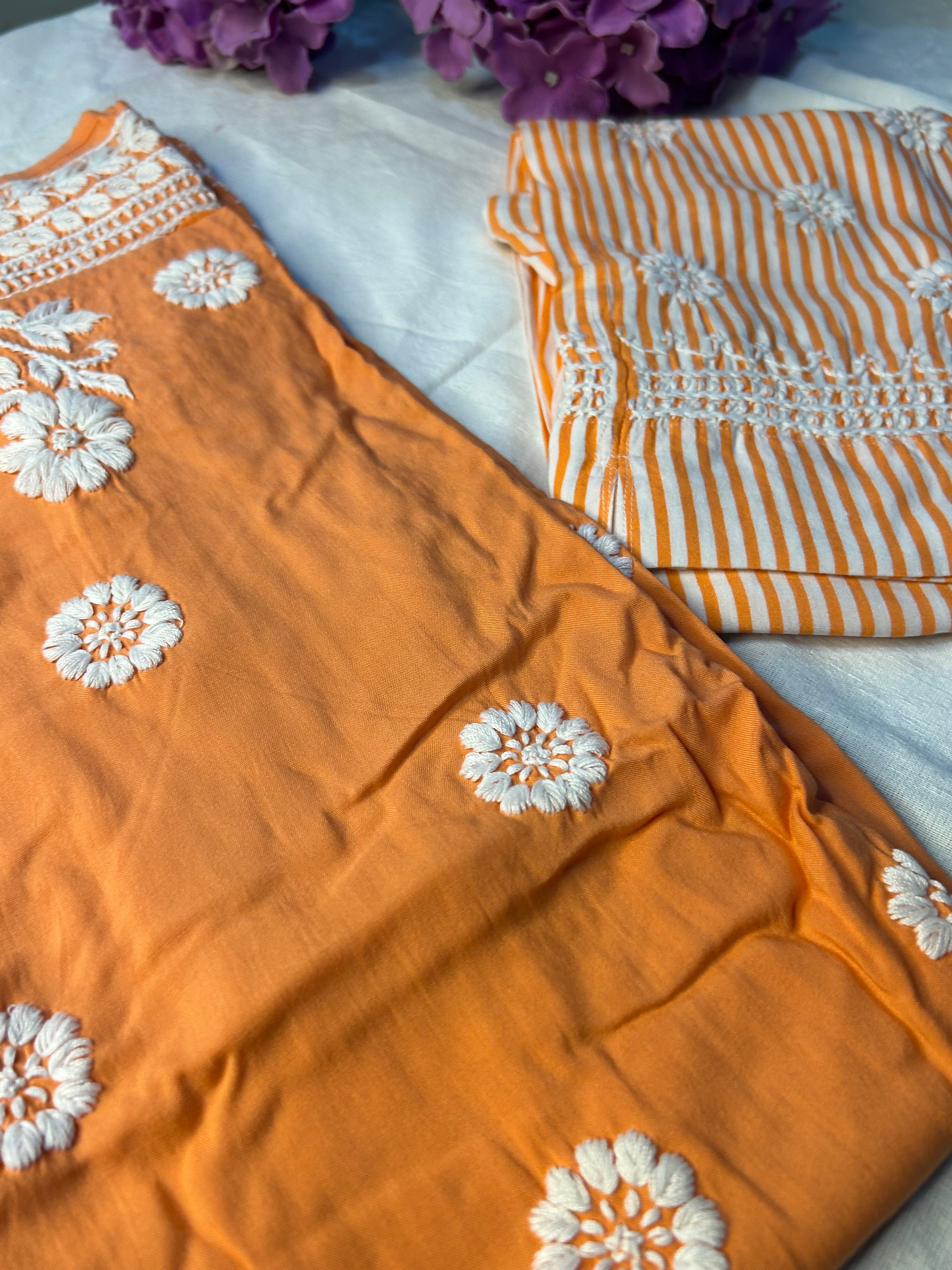 Peach Orange Chikankari Kurti In Rayon With Cotton Stripes Pant
