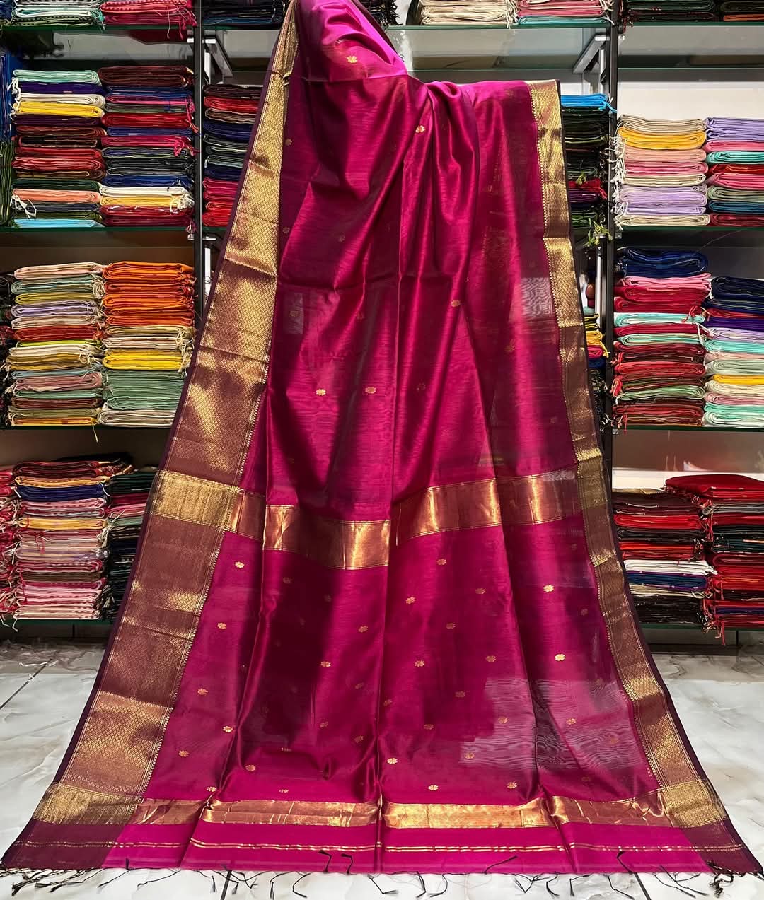 Hot Pink Maheshwari silk Handloom Zari Saree