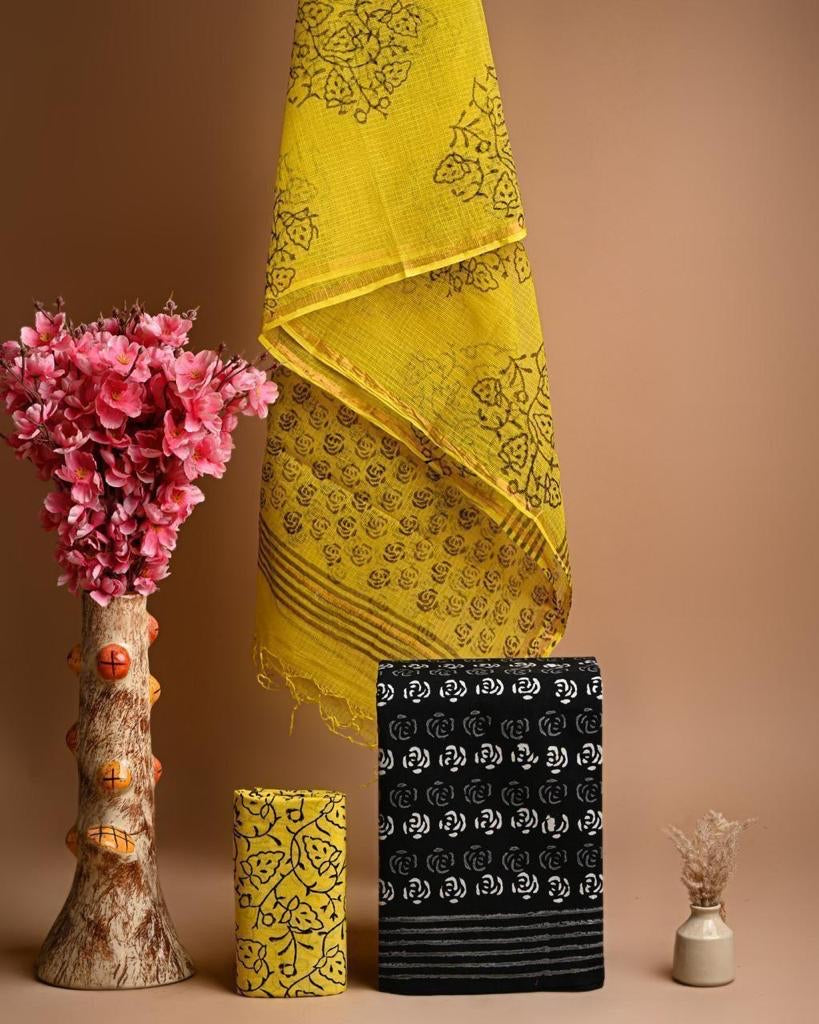 Sheila- Yellow and Black Cotton Salwar Suit ( Unstitched)