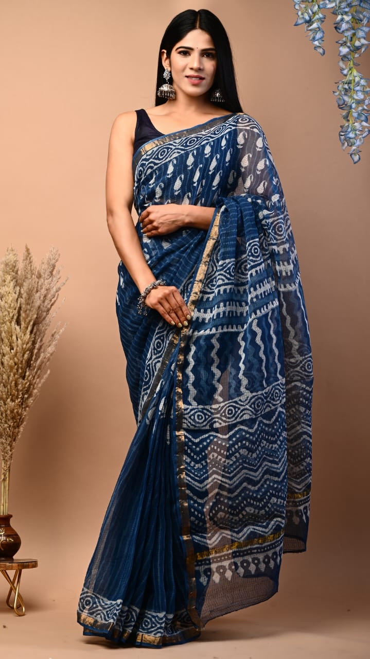 Blue Block Print Kota Doria Saree