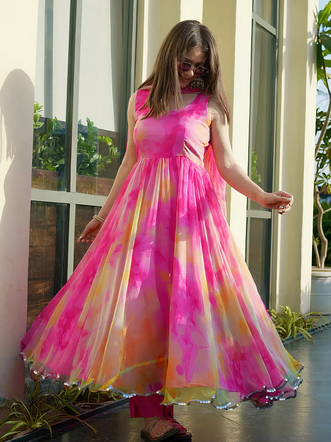 Colorful Floral organza anarkali gown