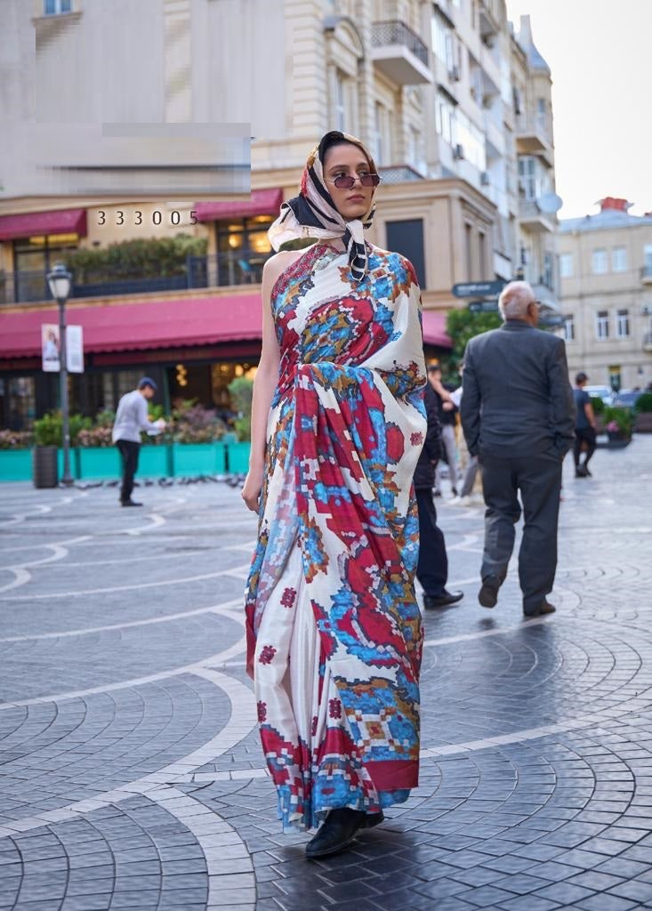 Silk Crepe Digital Print Red White Saree