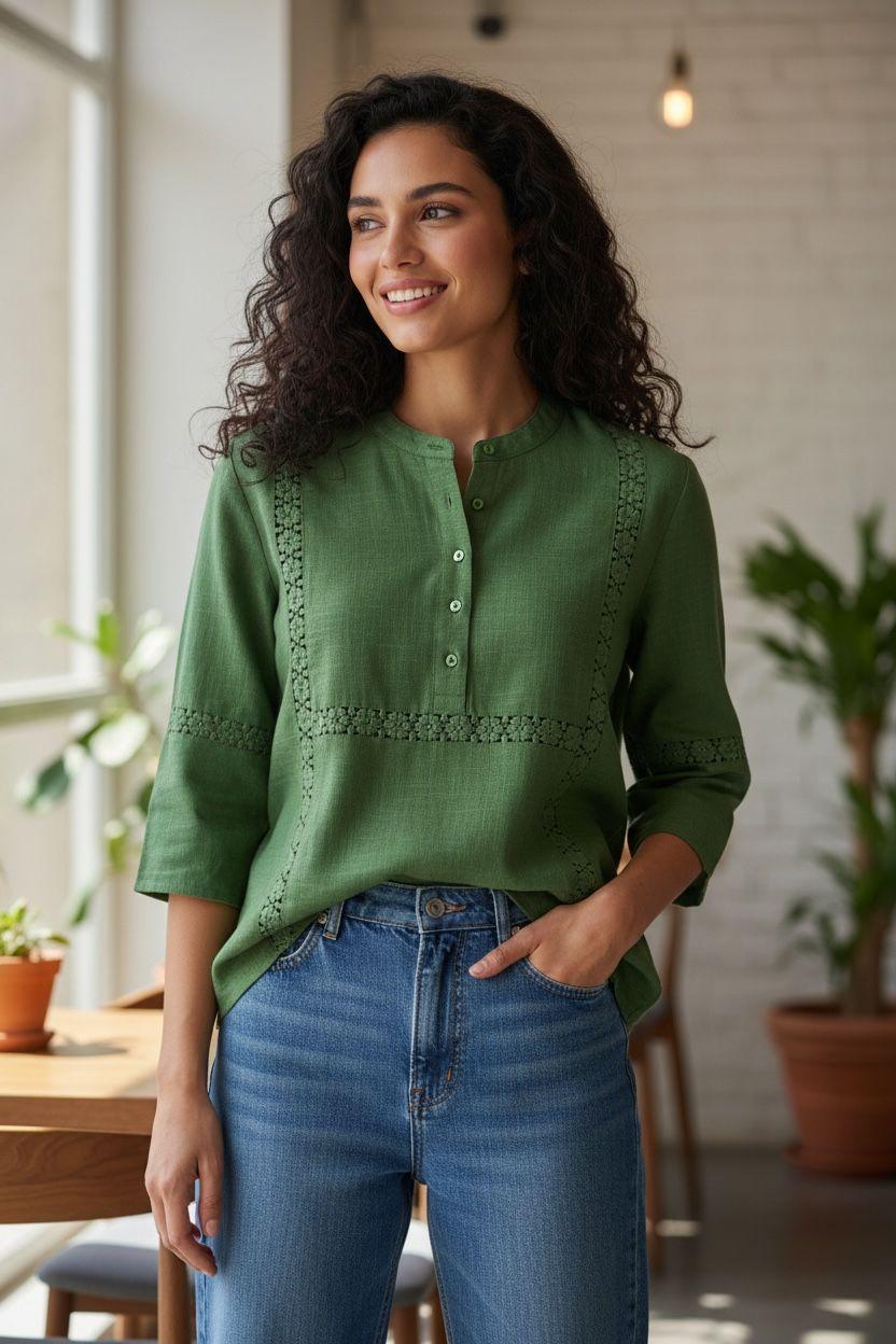 Office Wear Soft Linen Shirt In Green
