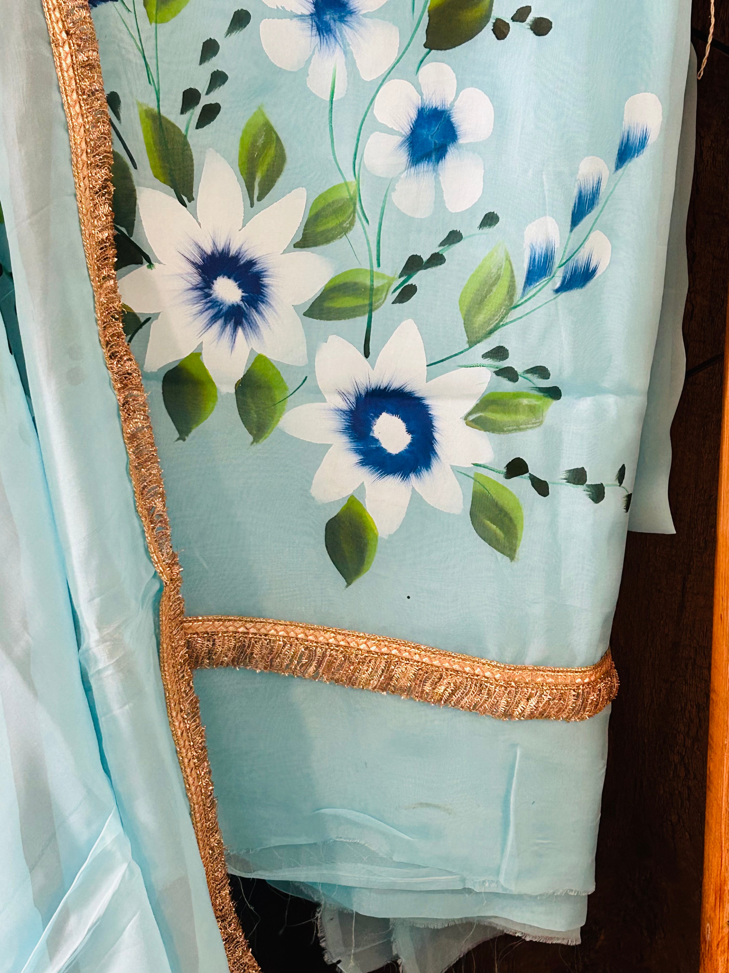 Blue Organza Handpainted Salwar Suit