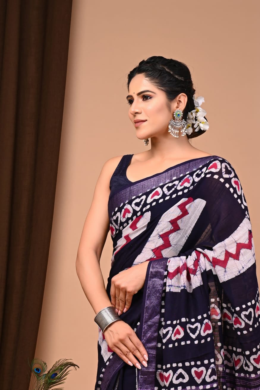 Black & white Pure Linen Saree With Zari Border