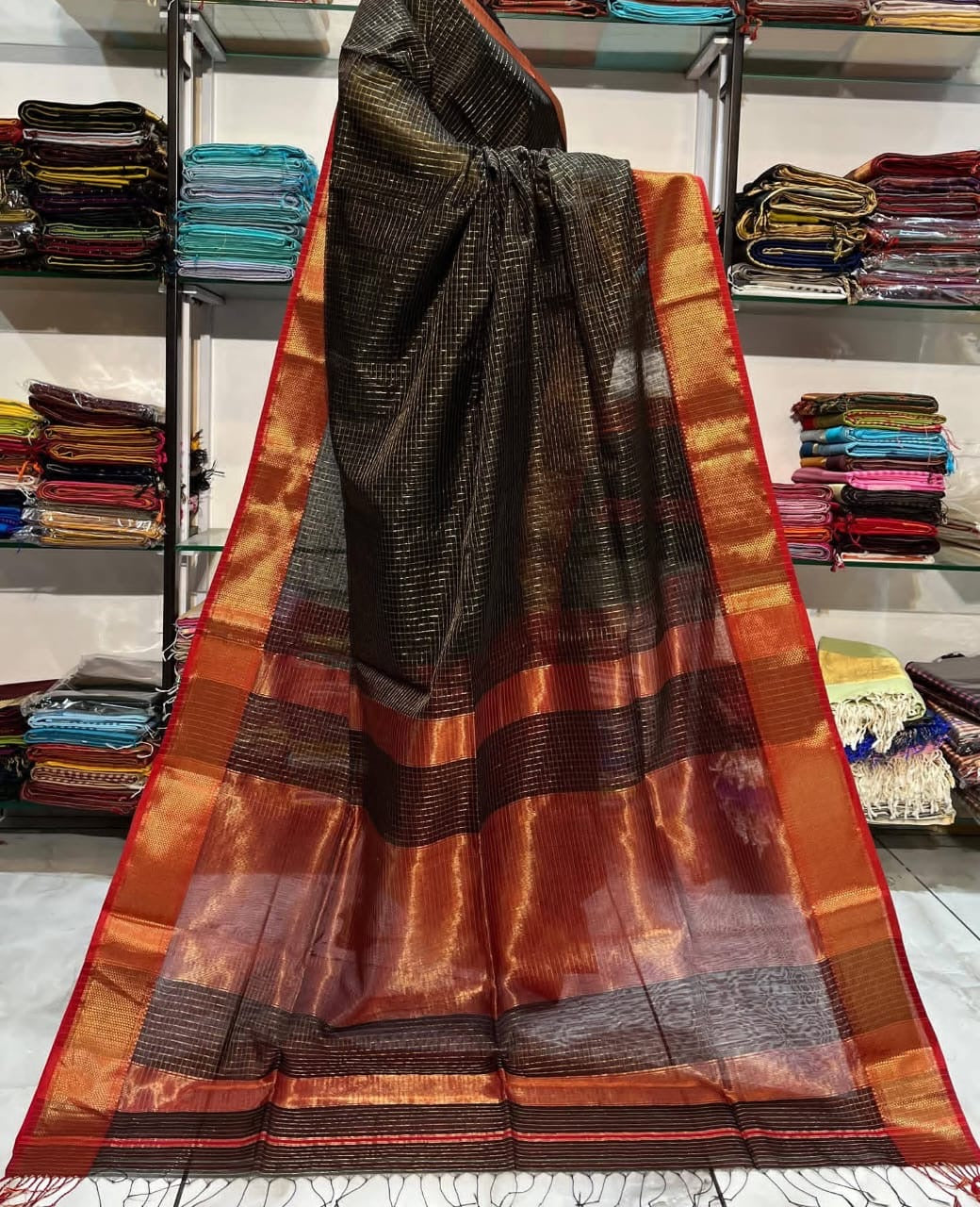 Black Maheshwari silk Handloom Zari Check Saree
