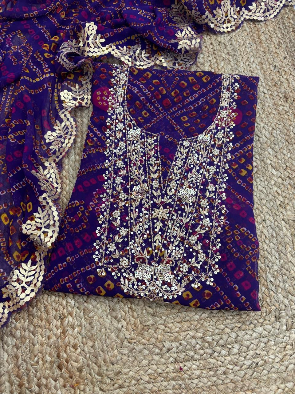 Purple Bandhej Gota Patti Suit