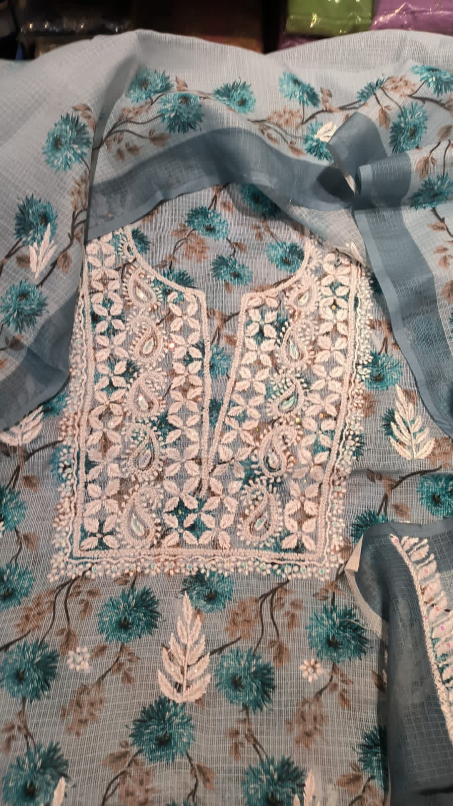 Grey-Blue Chikan Embroidery Cotton Kurti Set fabric