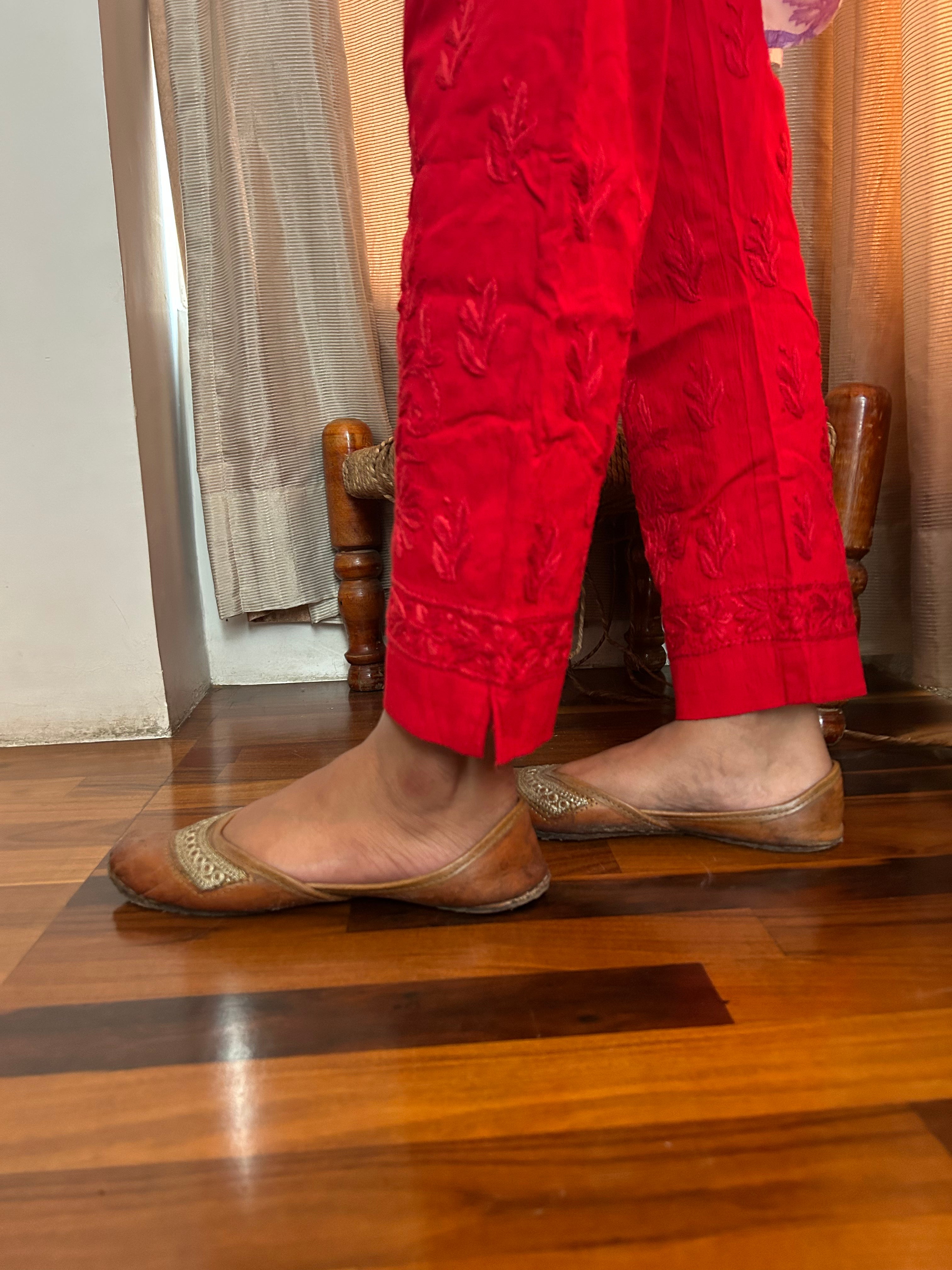 Red chikankari pants