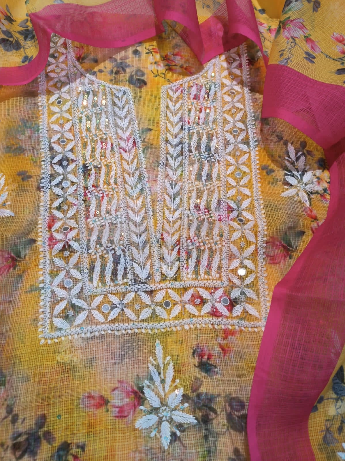Yellow-Pink Chinkari Kota Cotton Salwar Suit unstitched