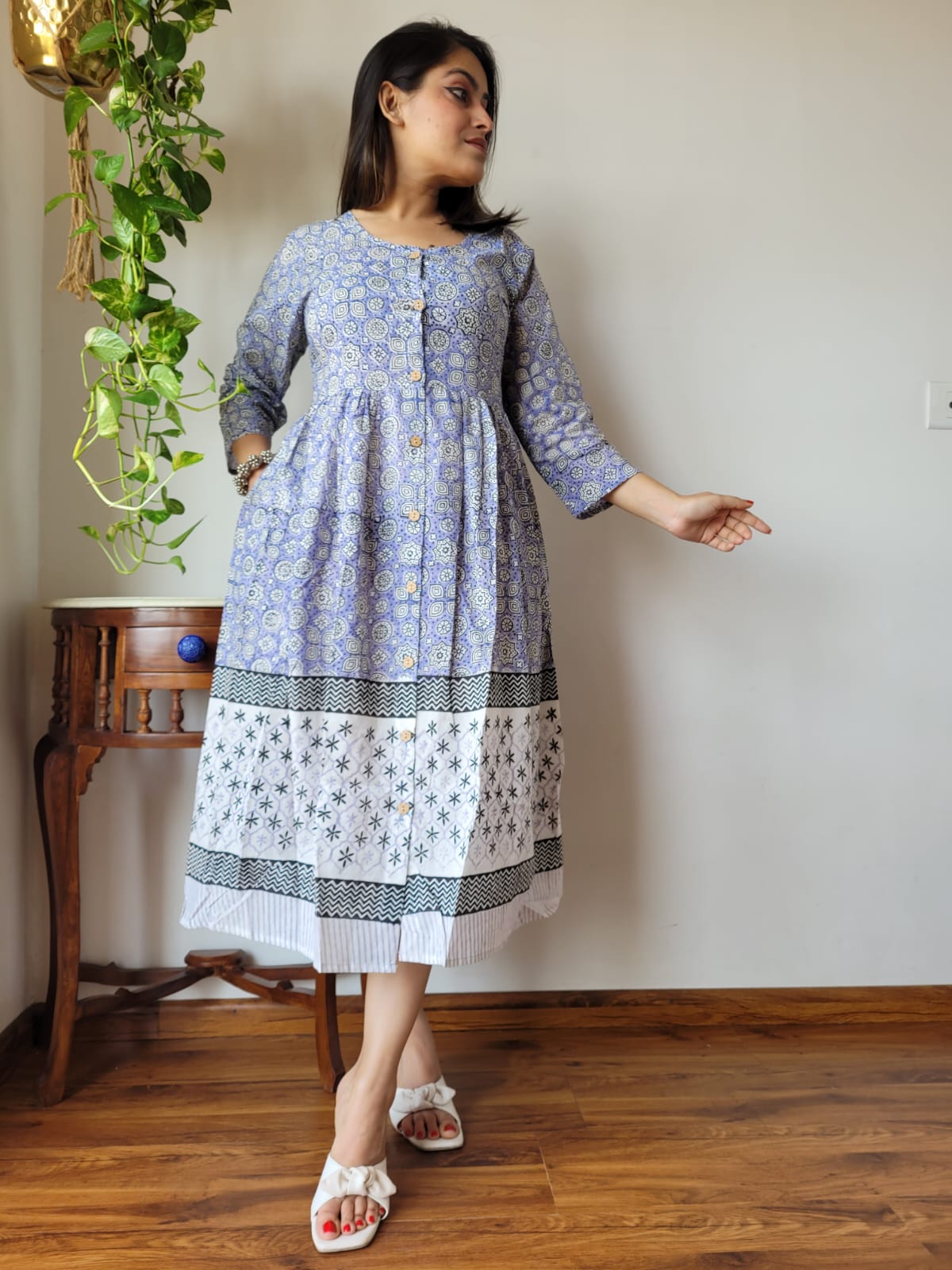 Shop Aqua blue Bagru print cotton summer dress Online