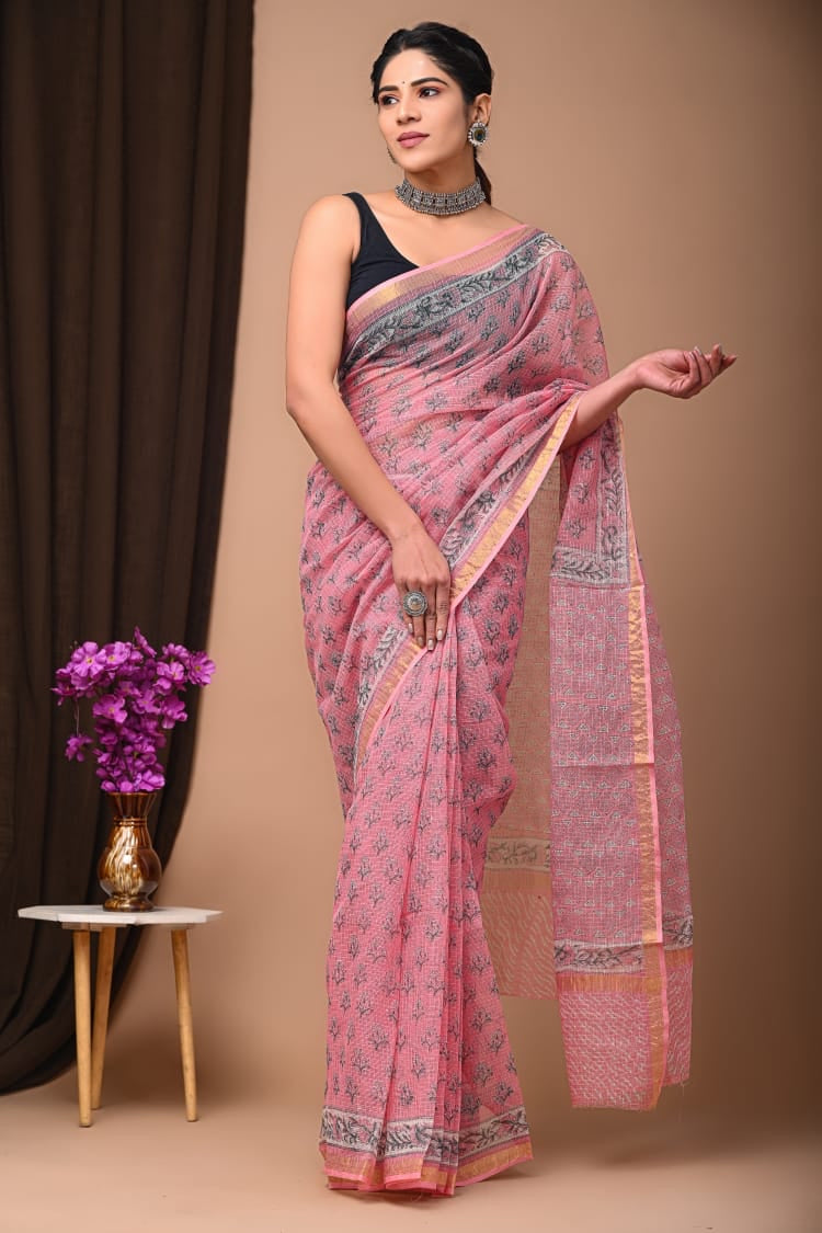 Pink Block Print Kota Doria Saree