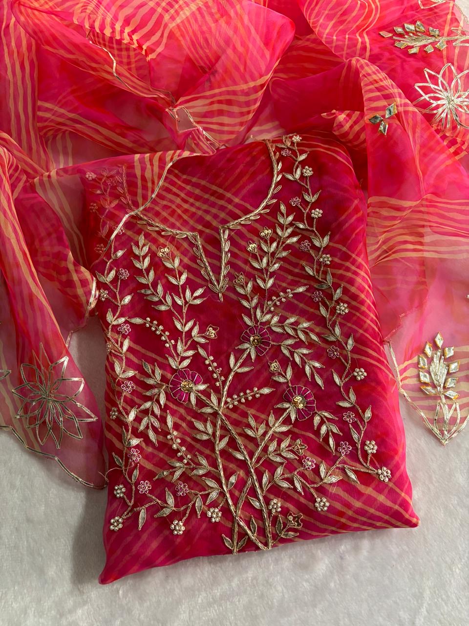 Red Leheriya Gota Patti Organza Suit