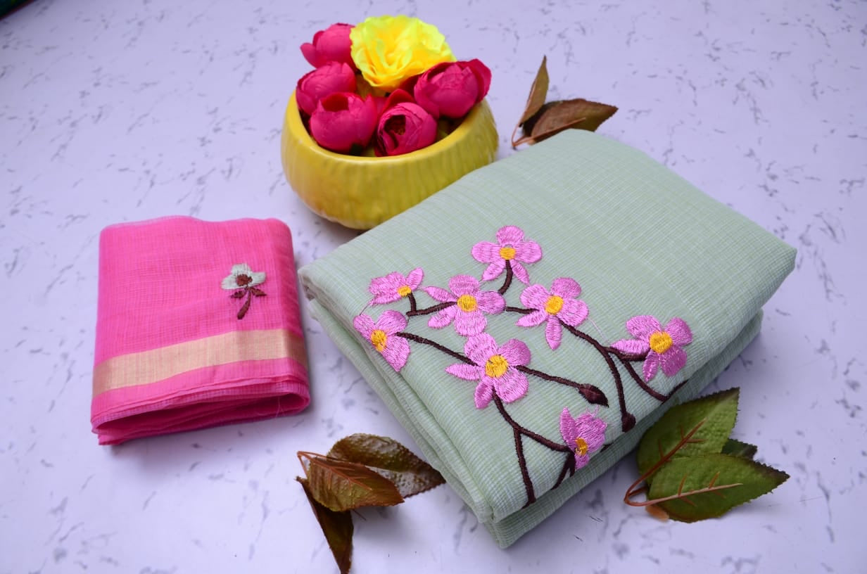 Green Kota Doria Embroidery Work Sari (Copy)