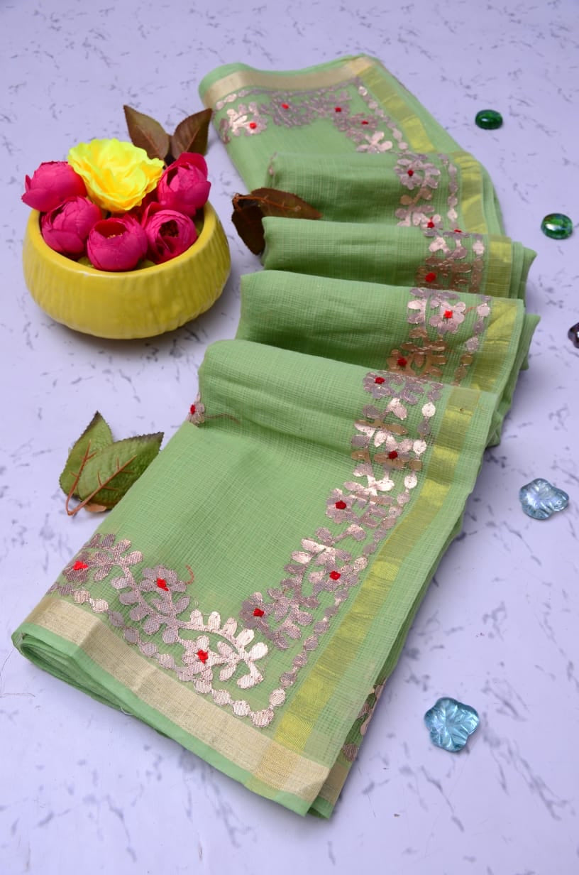 Karni- Green Kota Doria Saree in Gota Work