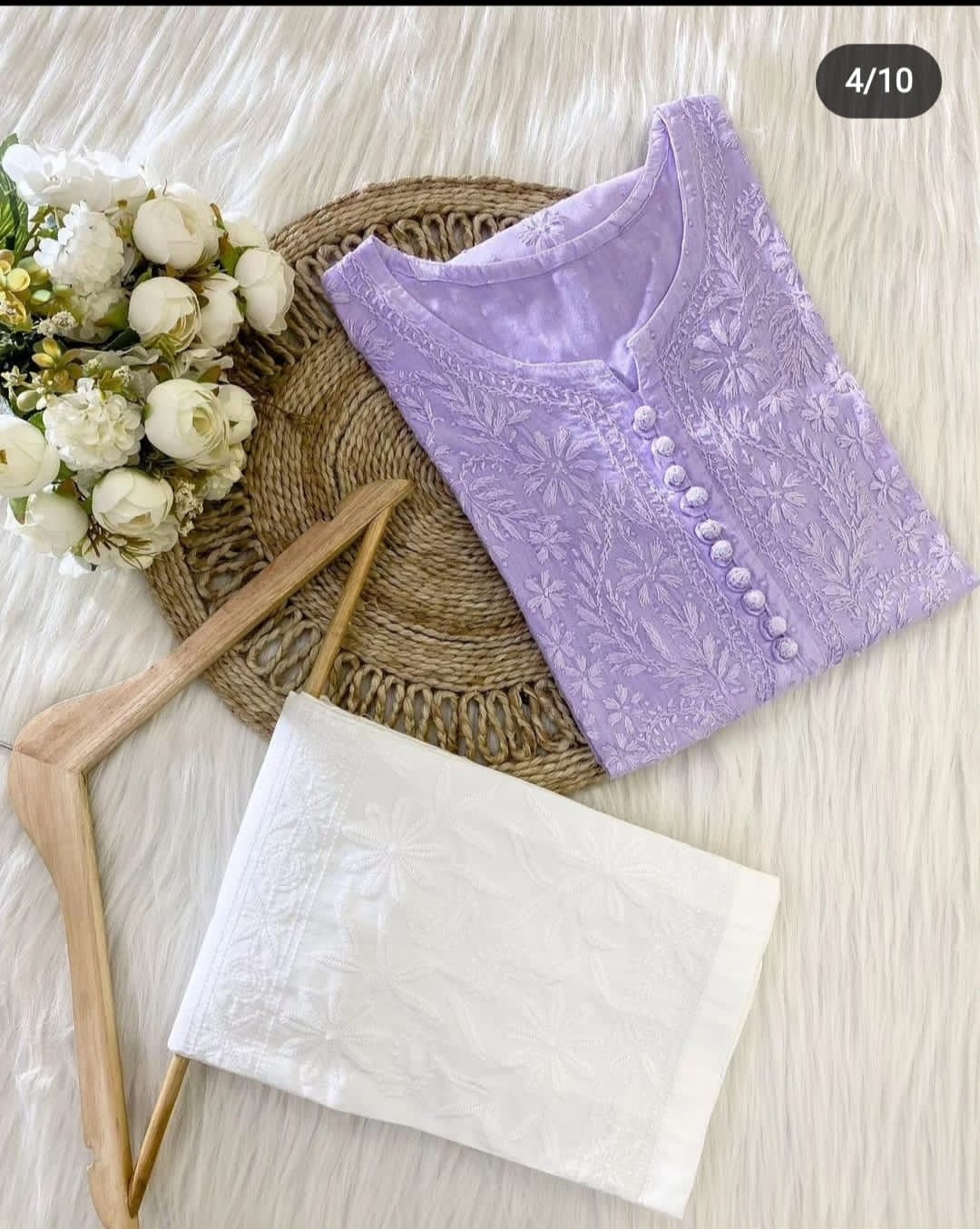 Lavender Chikankari cotton Kurti With white Pant