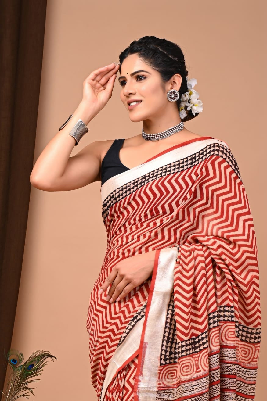 Red & white Pure Linen Saree