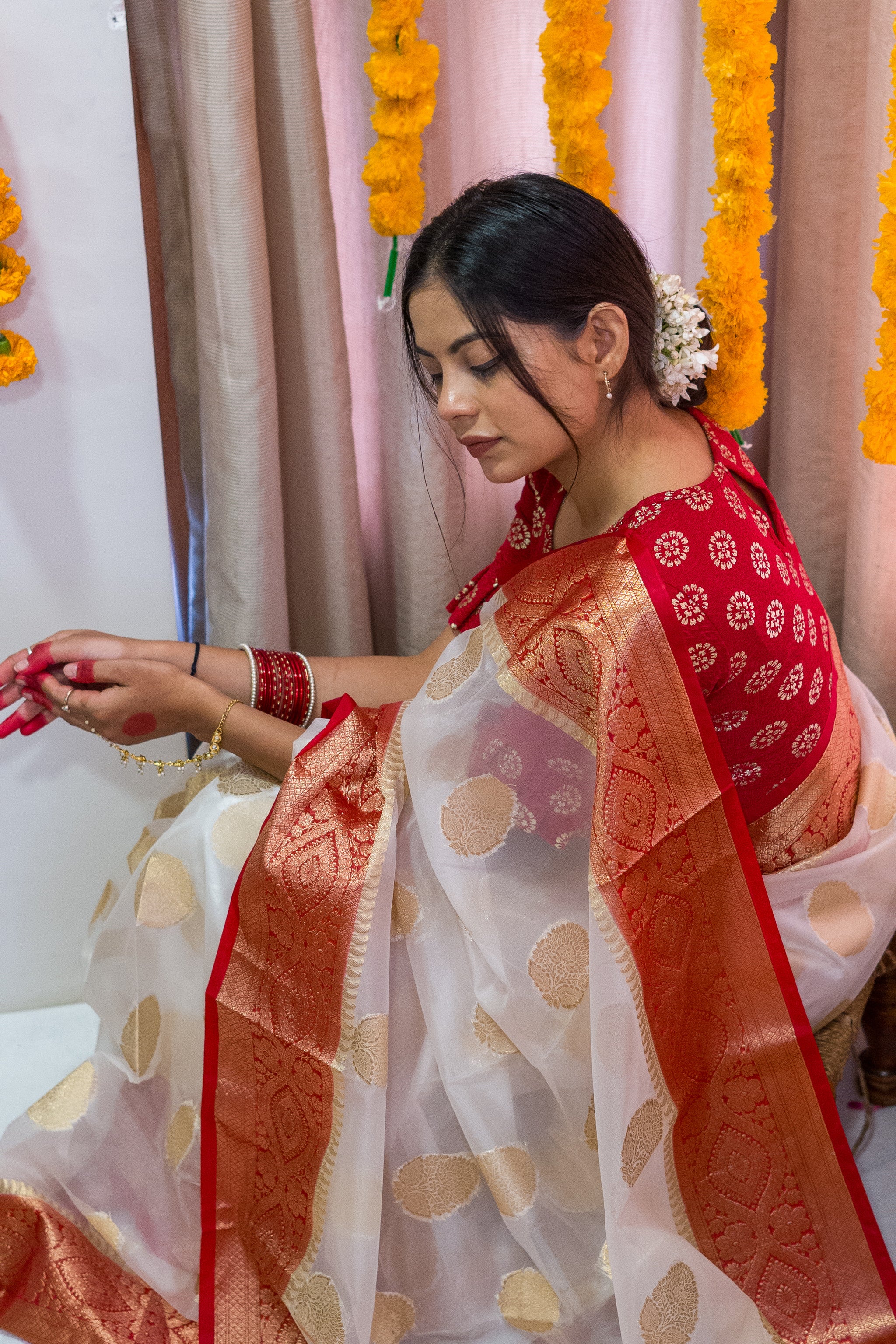 Festive White-Red Banarasi Organza Saree online