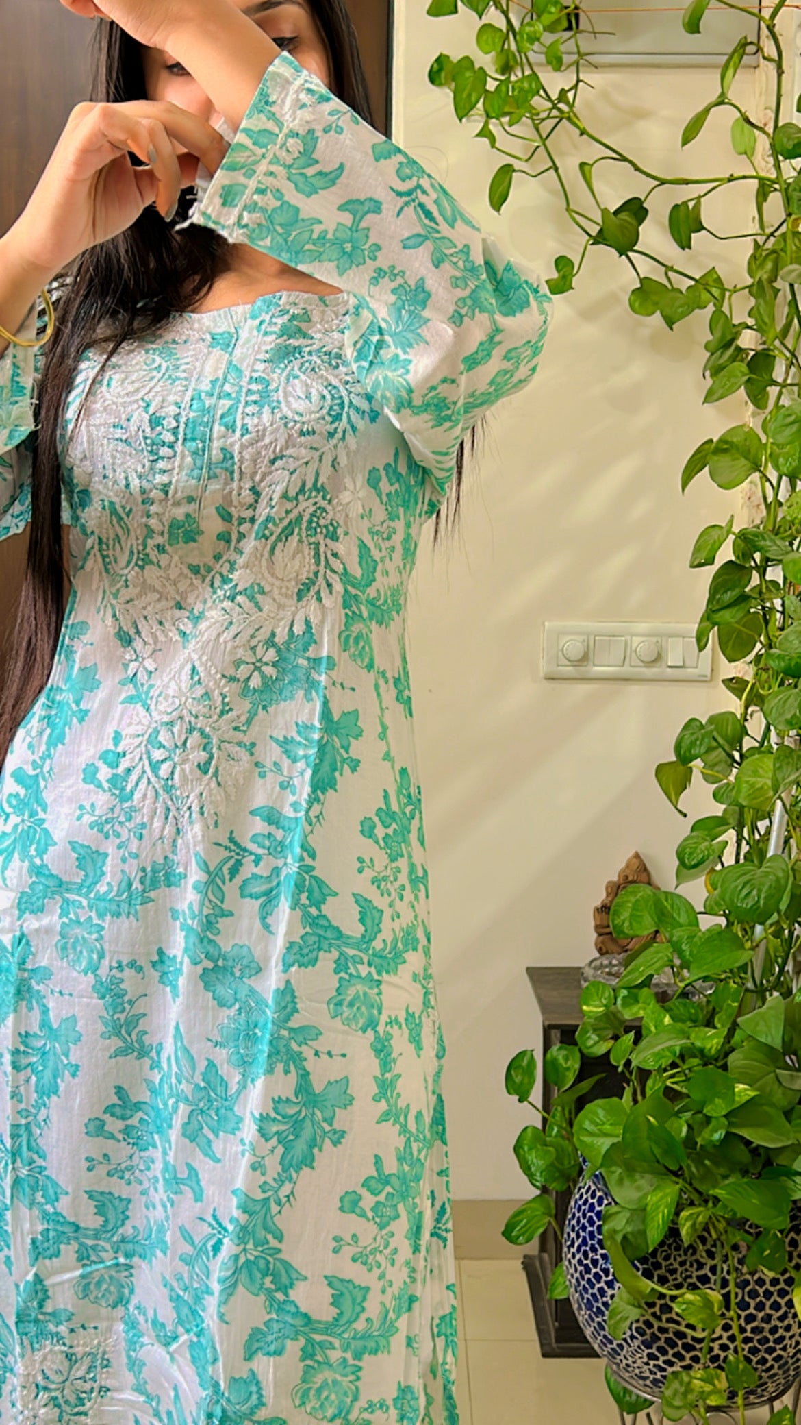 Mul mul cotton floral chikankari afghani set in green