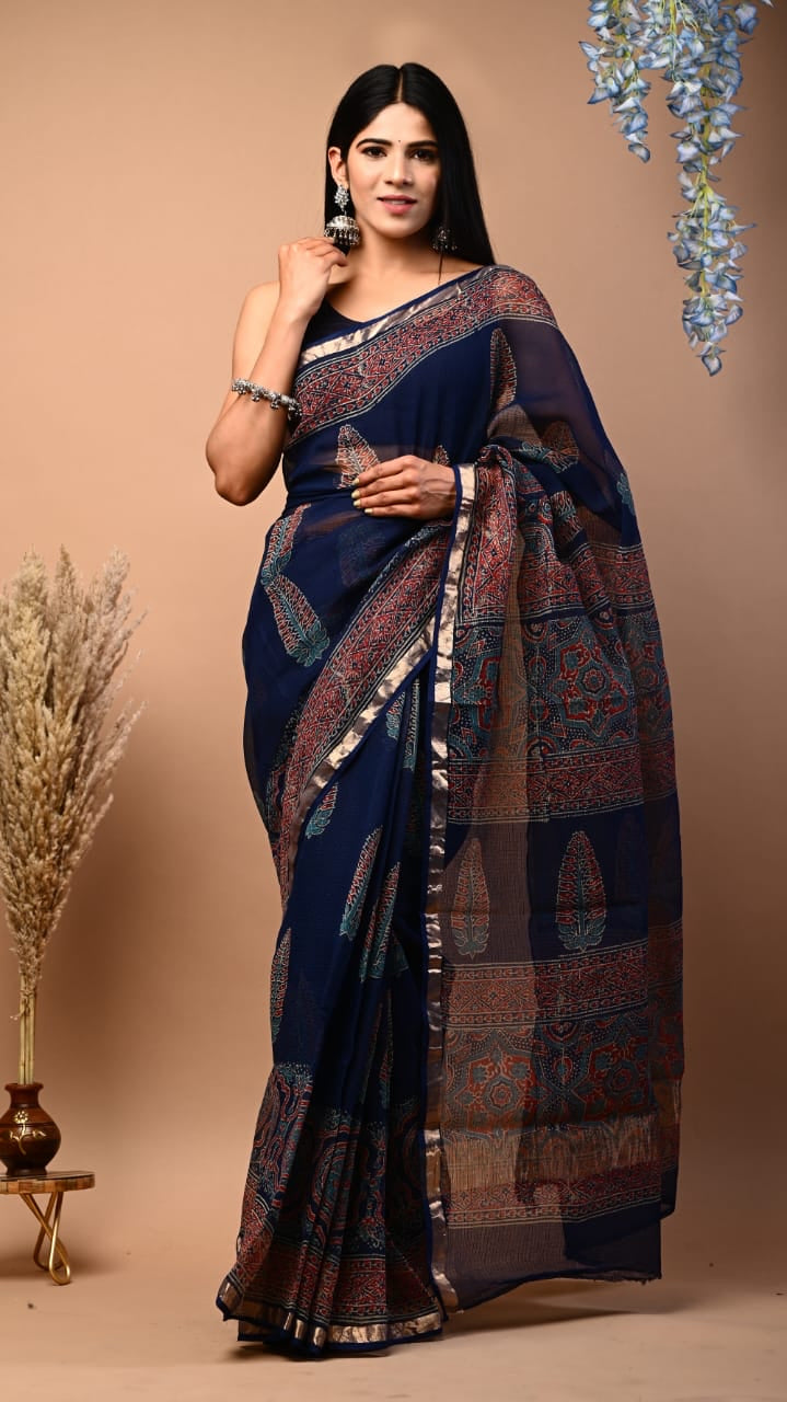 Blue Block Print Kota Doria Saree