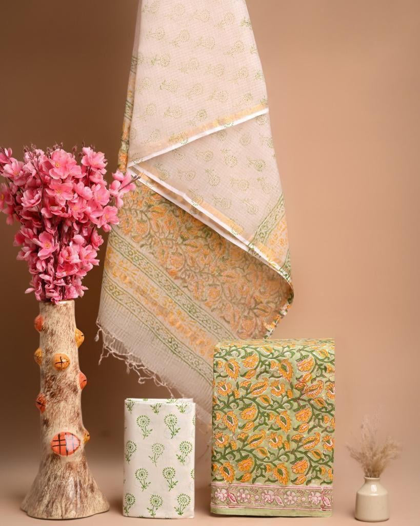 Madhavi- Yellow and Cream Cotton Salwar Suit ( Unstitched)