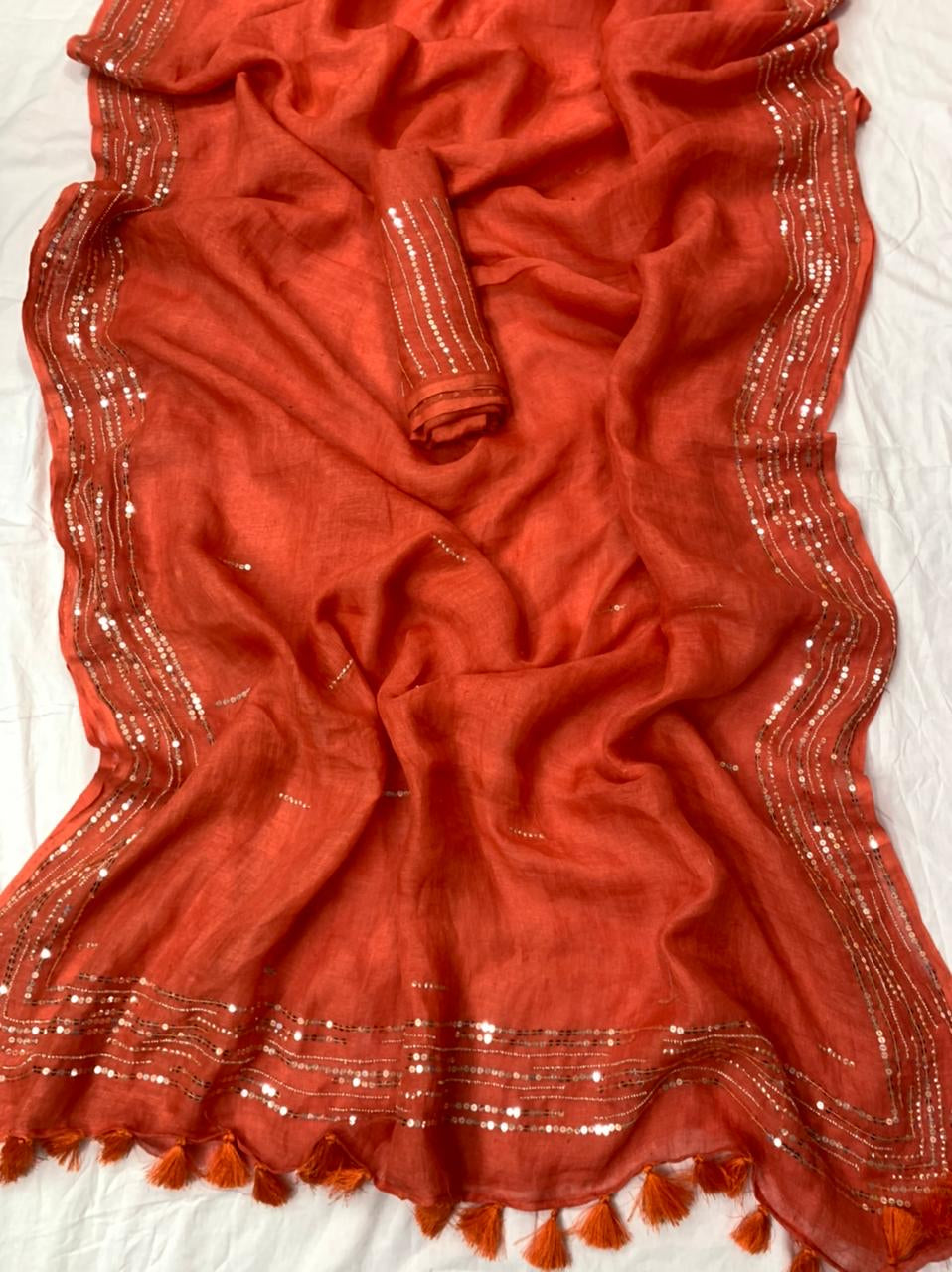 Red Pure Linen Saree With Embroidery