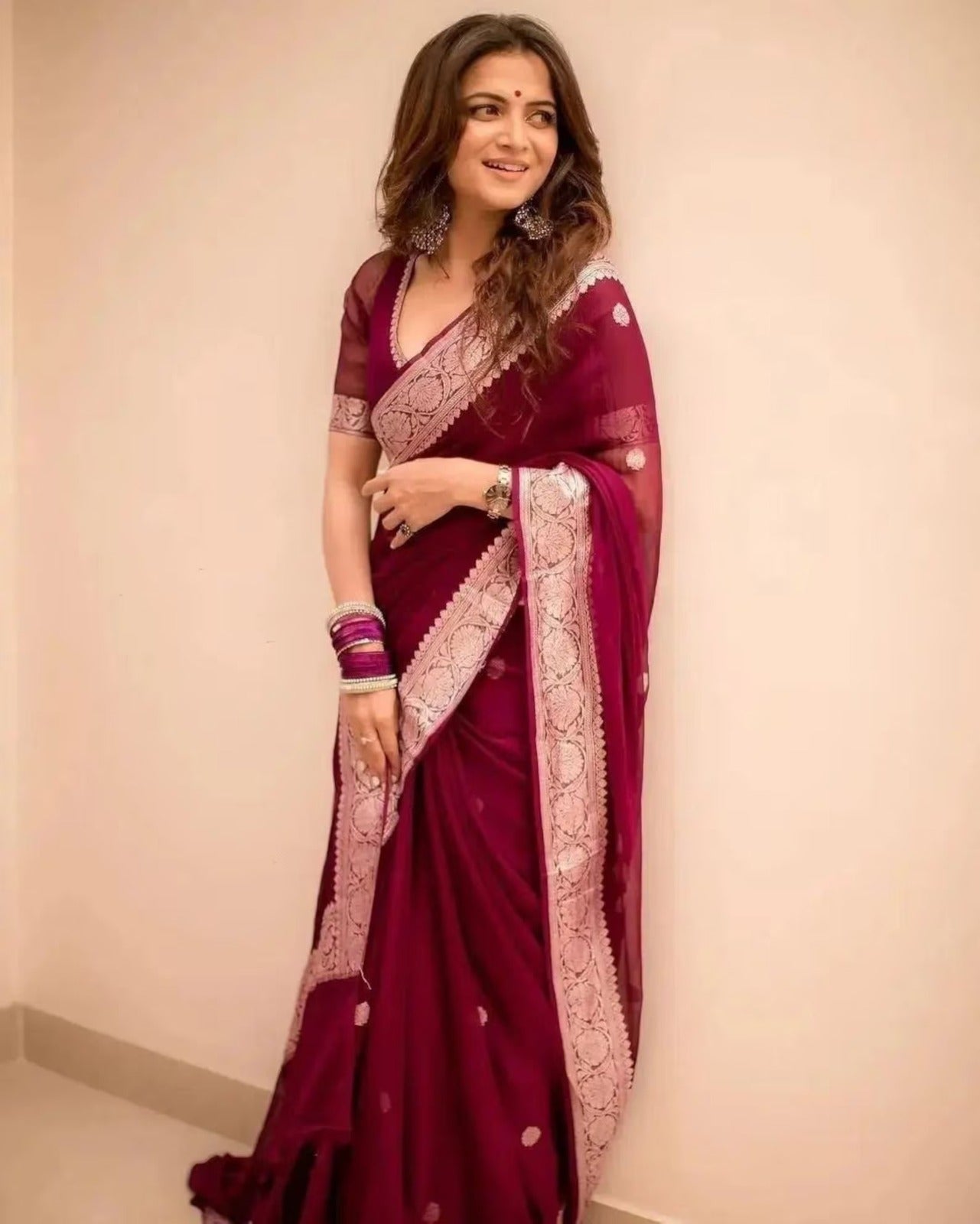 Mehroon Banarasi Khaddi Chiffon Saree
