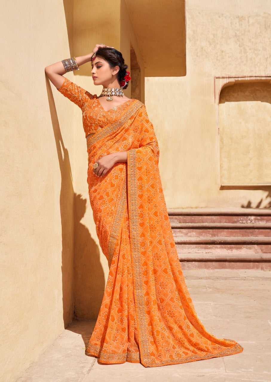 Orange Bandhani print Georgette saree