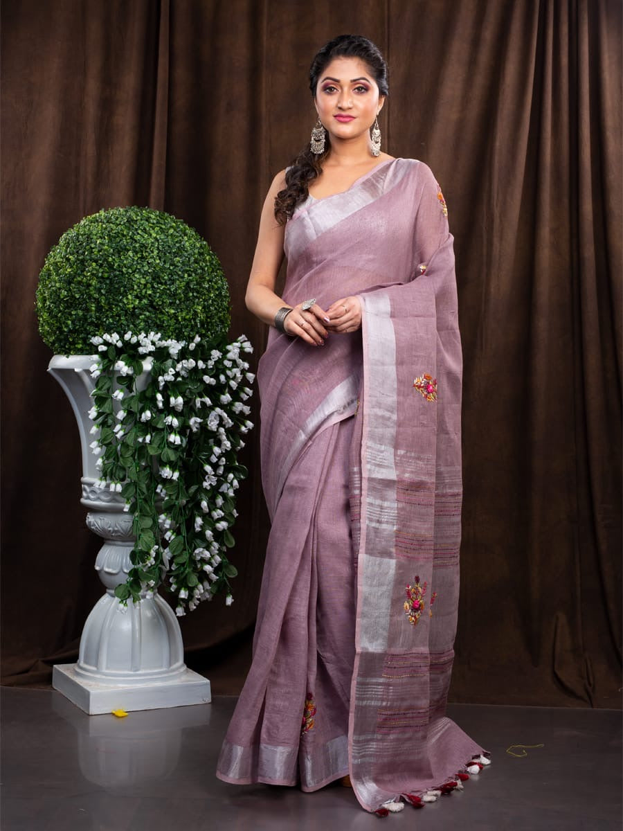 Onion Color Linen Embroidred Saree