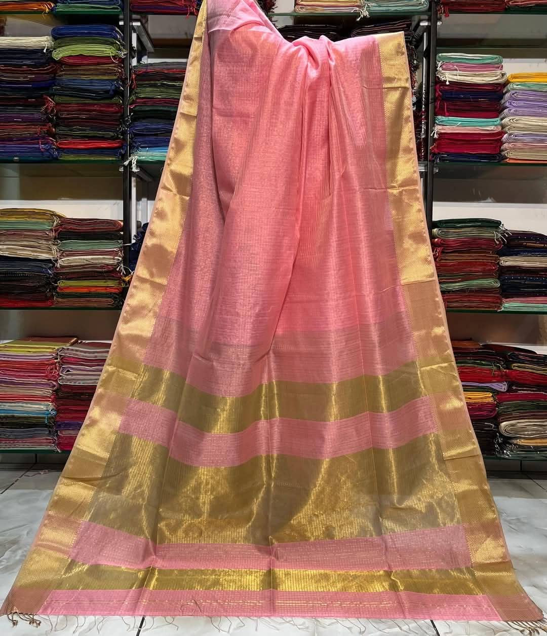 Carrot Peach Handloom Zari Check Saree
