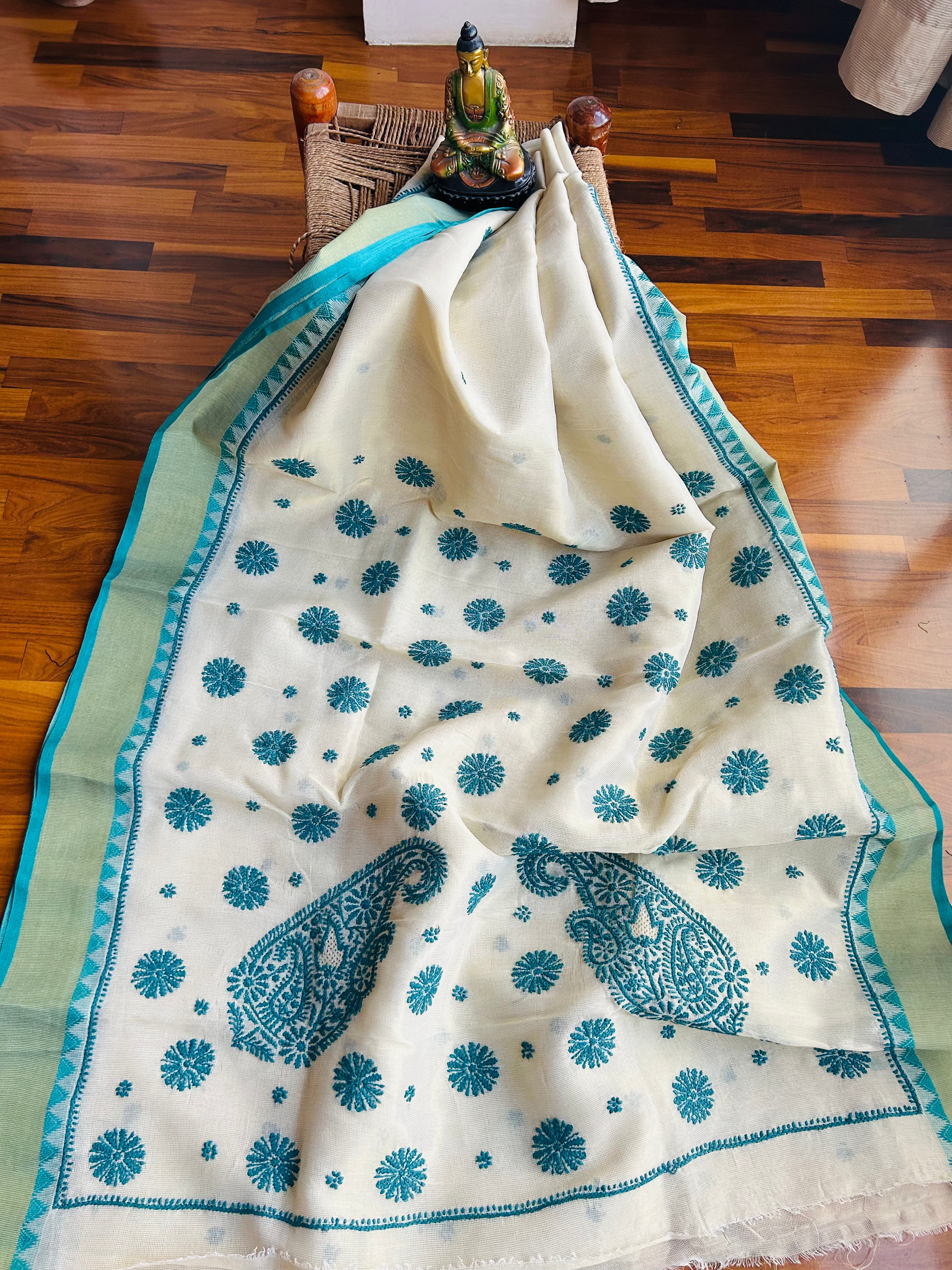 Kalpana- Green Cream Color Kota Doria Chikankari Work Saree