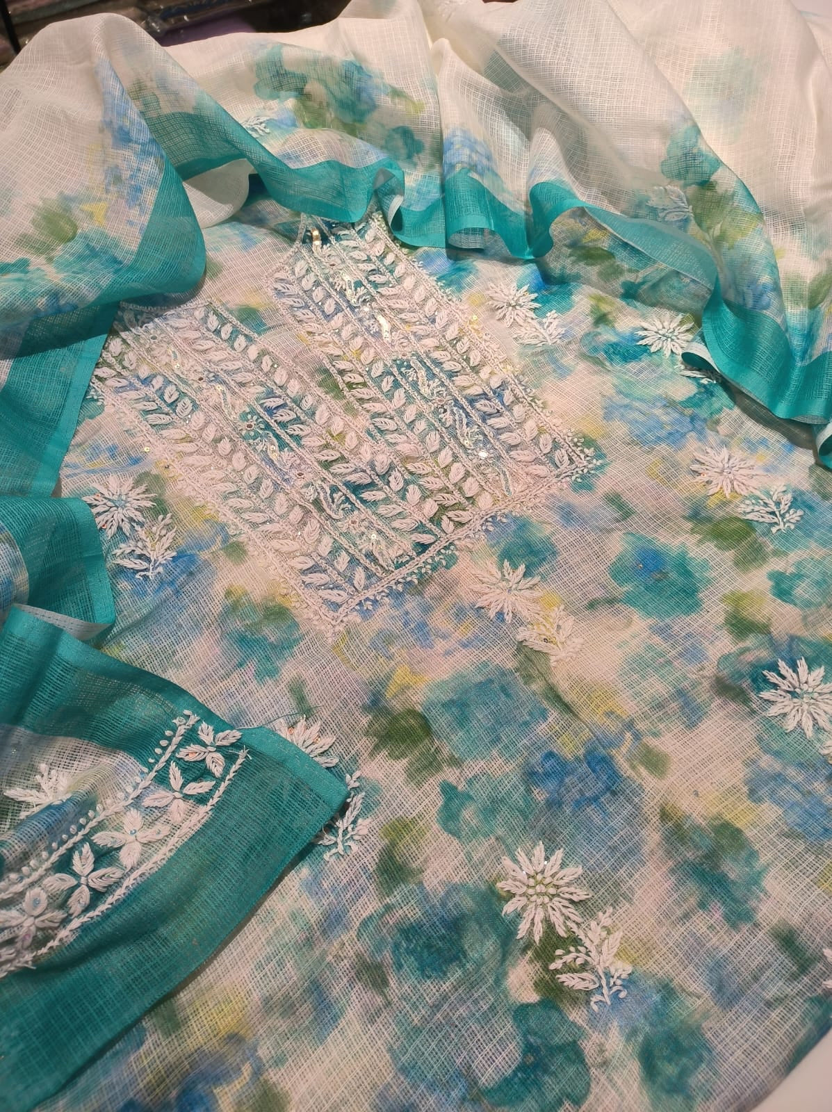 Kota embroidered Chikankari in grey blue